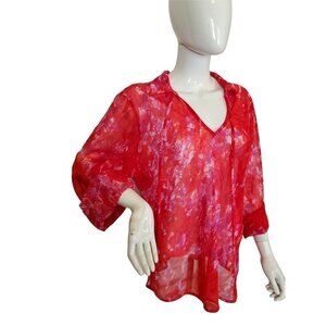 Venezia Jeans Top Blouse Red Sheer Womens 14-16 Cover Up Long Sleeve Tie